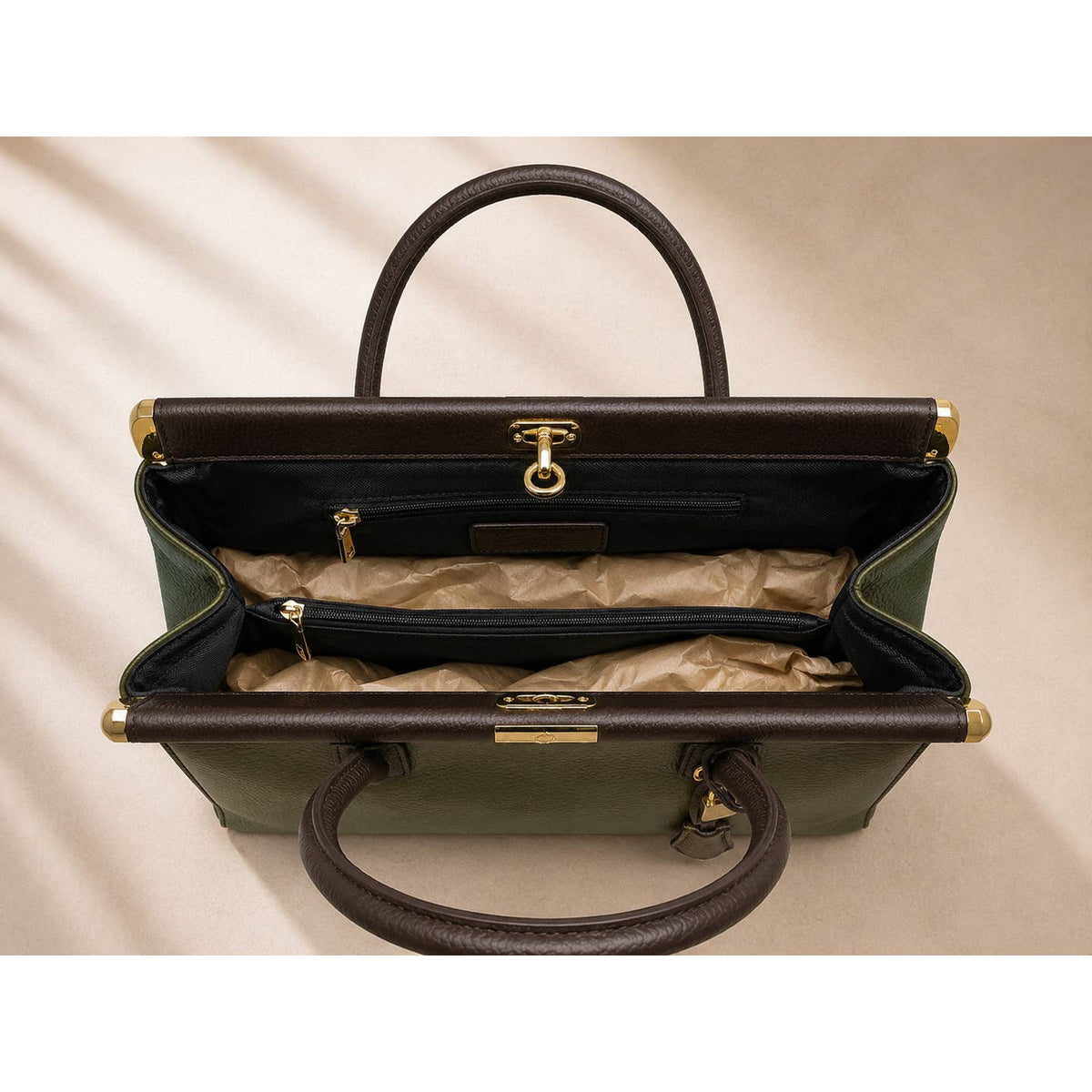 Sac Nora en cuir italien dollaro – Khaki & Dark Brown - OkikiParis