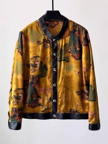 Veste-Chemise Femme en Cuir d'Agneau Imprimé Paysage Doré — OkikiParis