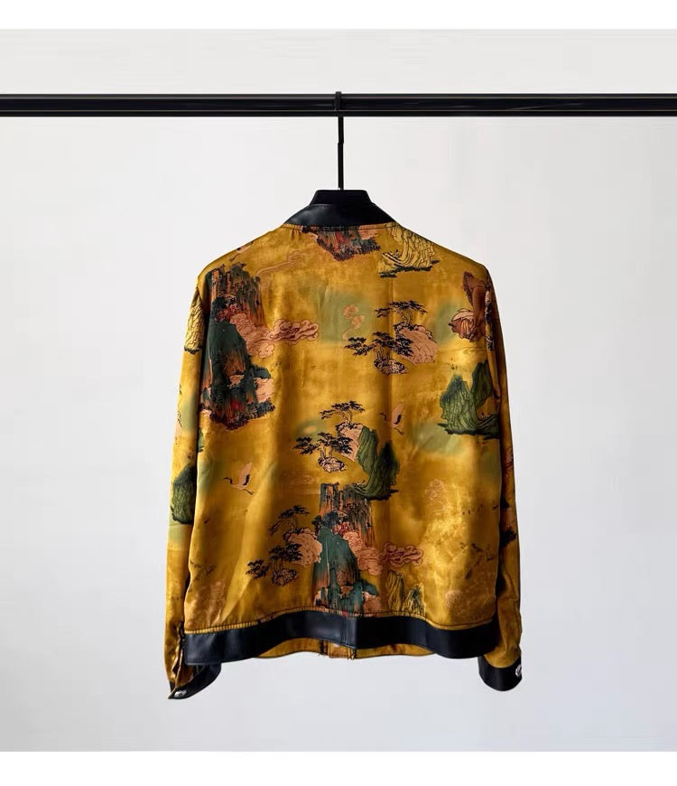 Veste-Chemise Femme en Cuir d'Agneau Imprimé Paysage Doré — OkikiParis