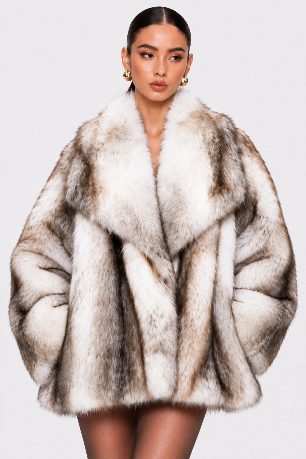 Manteau Fausse Fourrure Ivoire Marbrée – Col Châle | OkikiParis