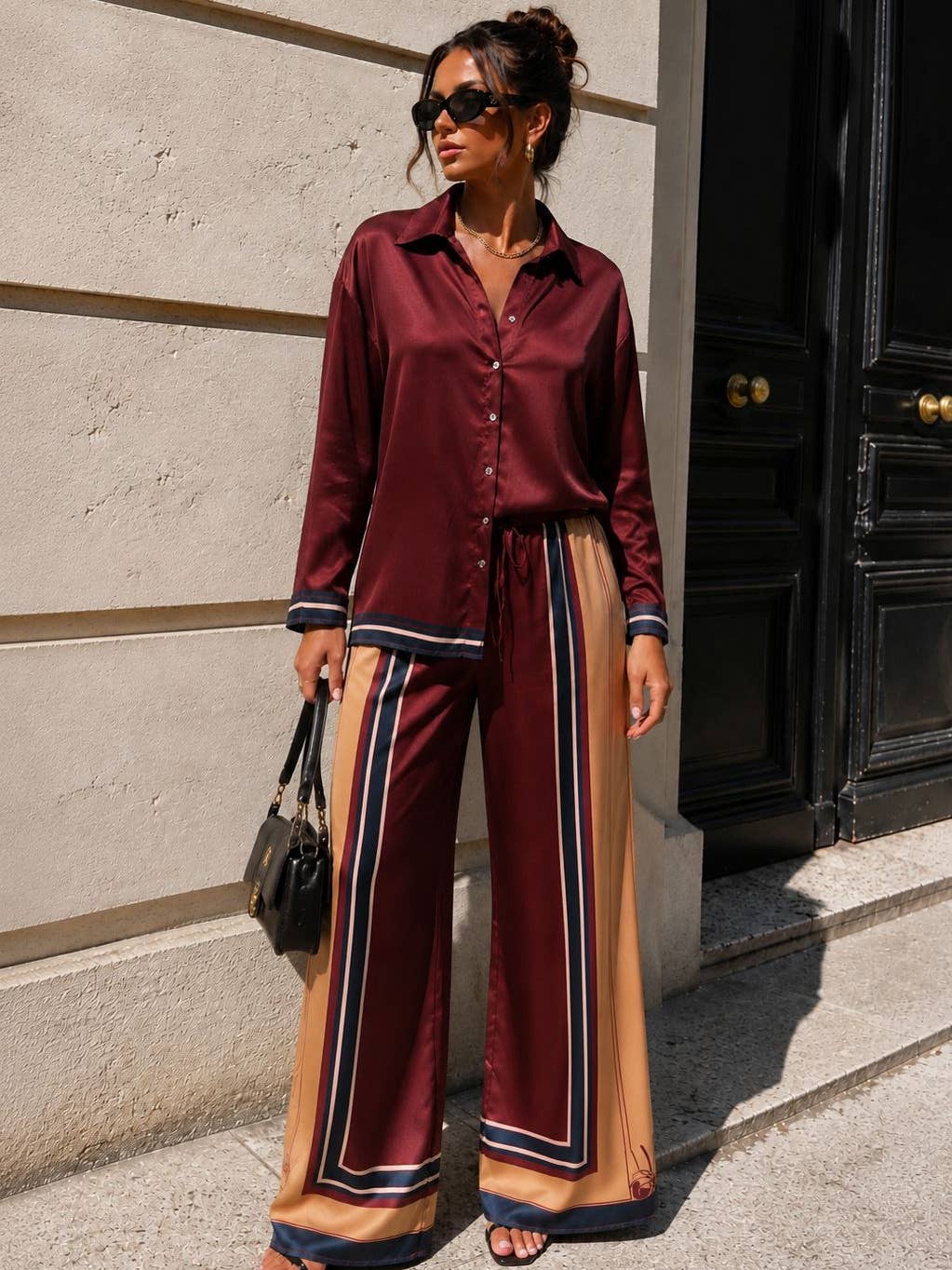 Ensemble chemise satinée & pantalon fluide imprimé - OkikiParis
