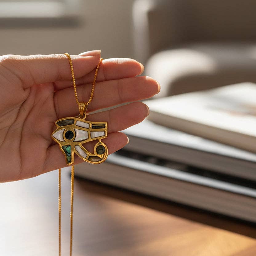 Pendentif Œil d'Horus en or, bijou en nacre de style égyptien revival - OkikiParis
