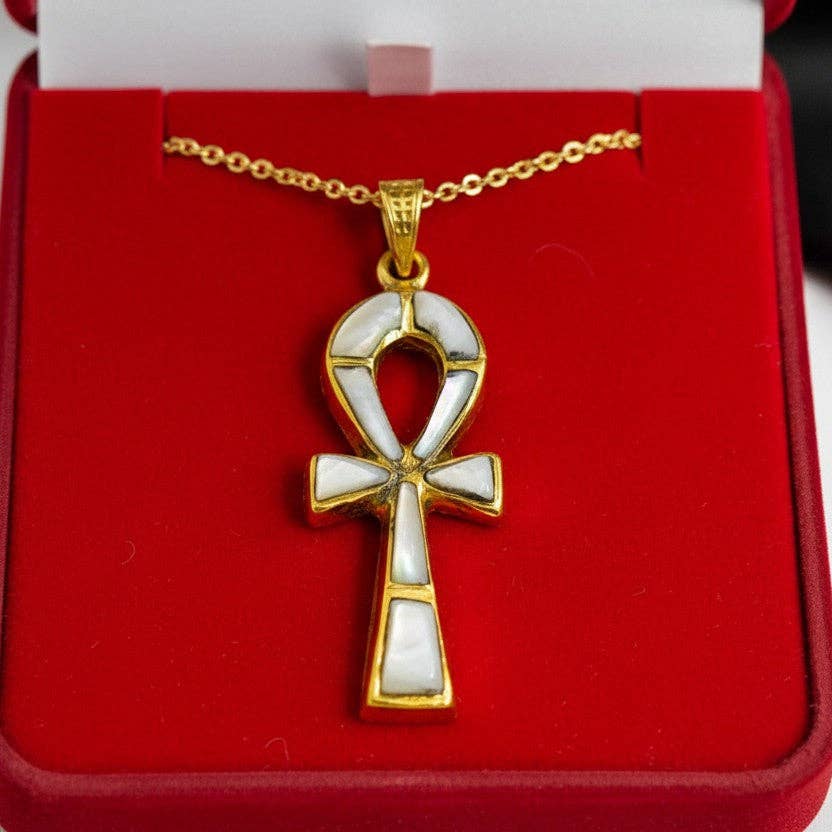 Collier ankh en or, pendentif égyptien « clé de la vie » en nacre - OkikiParis