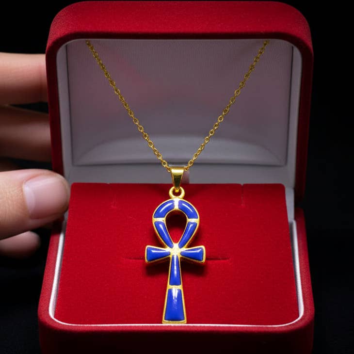 Collier pendentif ankh en or et lapis-lazuli, bijou talisman égyptien - OkikiParis