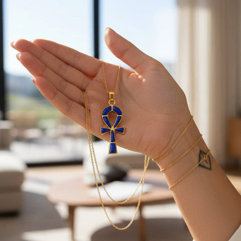 Collier pendentif ankh en or et lapis-lazuli, bijou talisman égyptien - OkikiParis