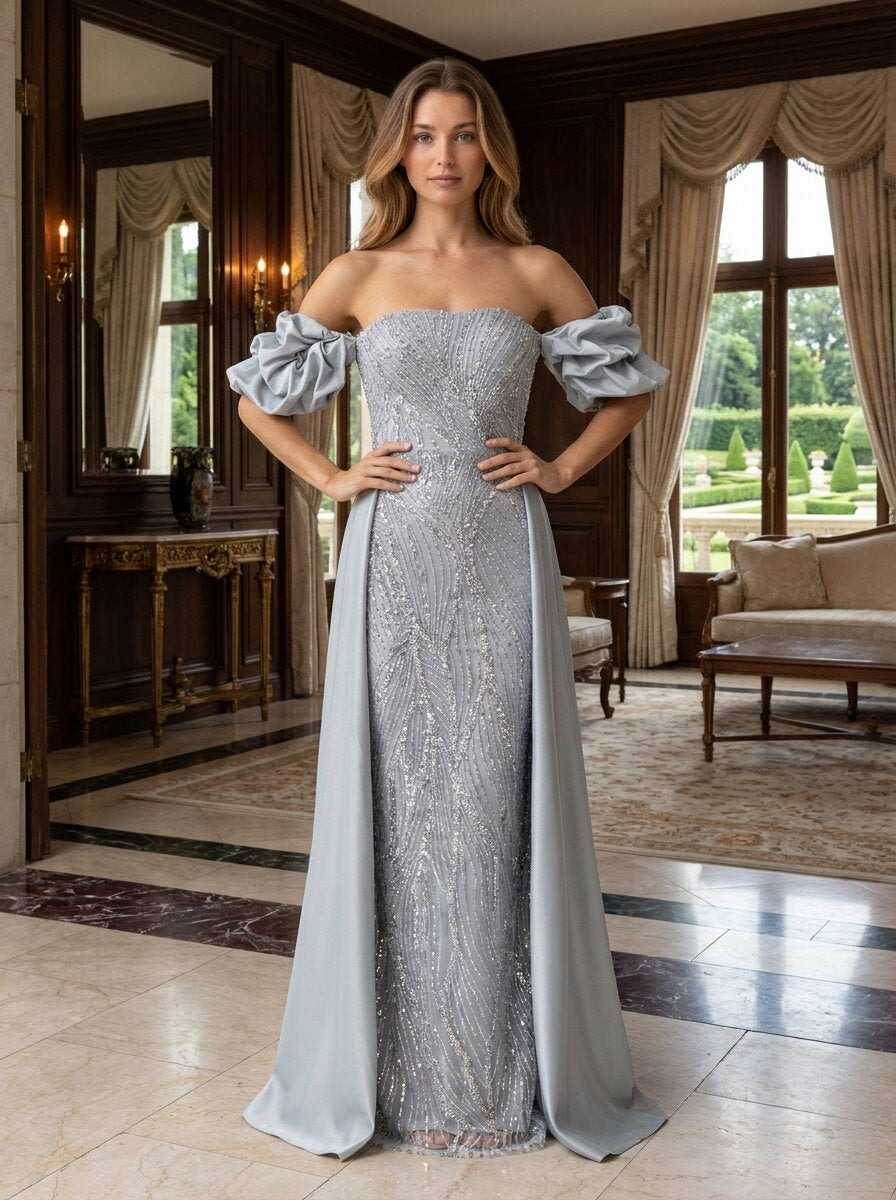 Robe de soirée longue perlée Gris clair