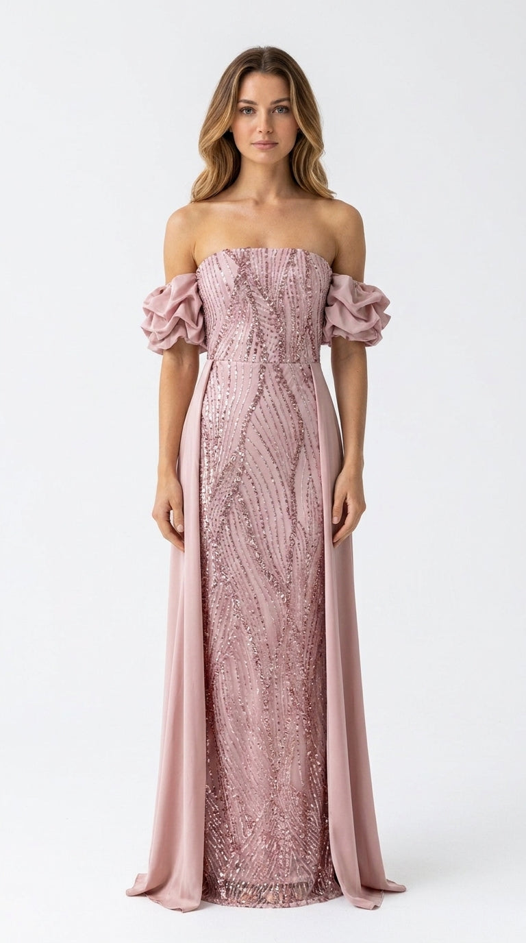 Robe de soirée longue perlée Rose clair