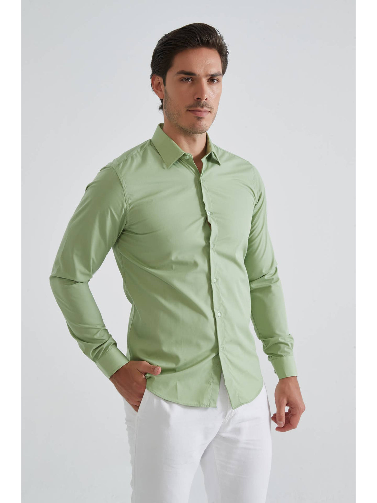 Chemise Verte Slim Fit – Col Français | YVES ENZO PARIS