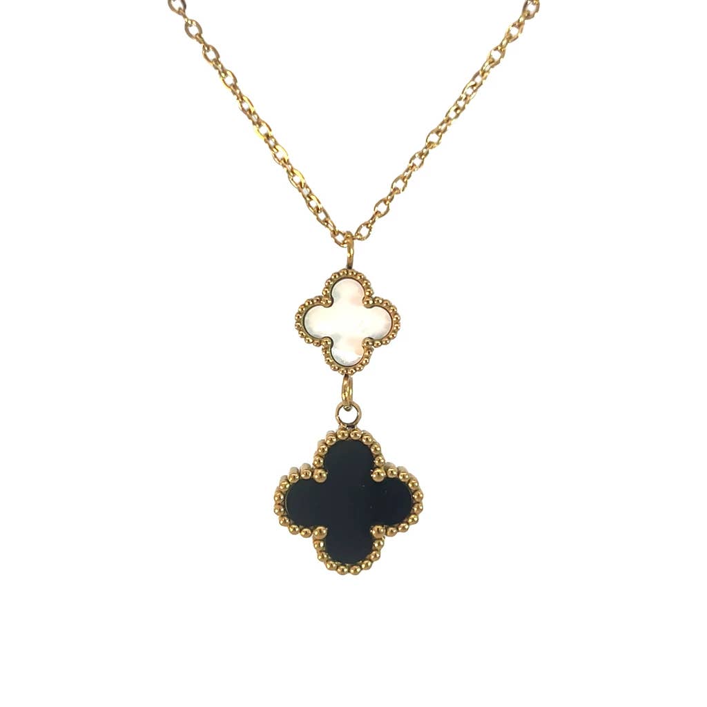 Collier avec double pendentif trèfle à quatre feuilles blanc et noir, plaqué or 18 carats