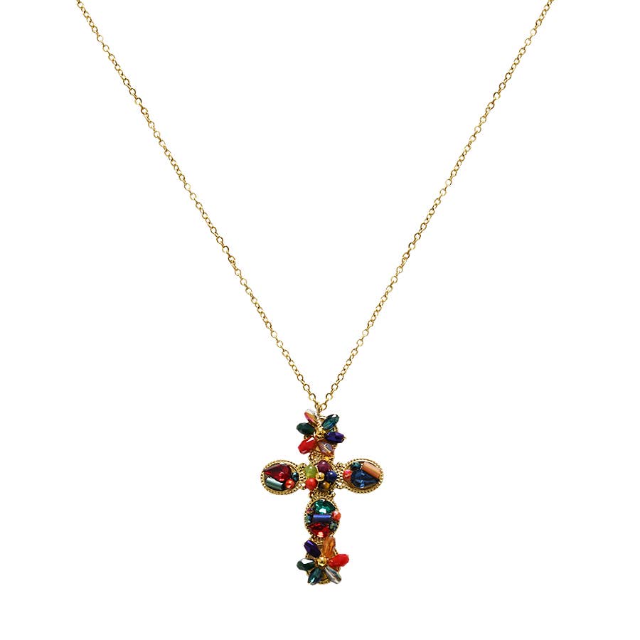 Collier Croix en Acier Inoxydable à Cristaux Fleuris