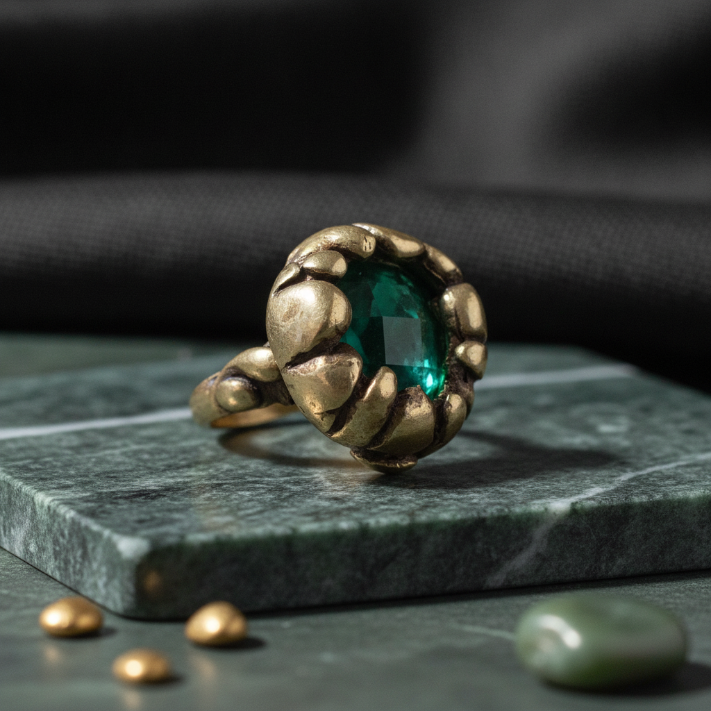 Bague solitaire en émeraude, laiton doré, relief artisanal - OkikiParis