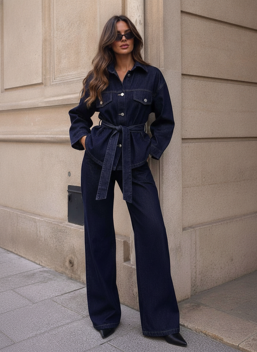 Ensemble en Jean Premium – Veste Ceinturée & Pantalon Large Taille Haute - OkikiParis