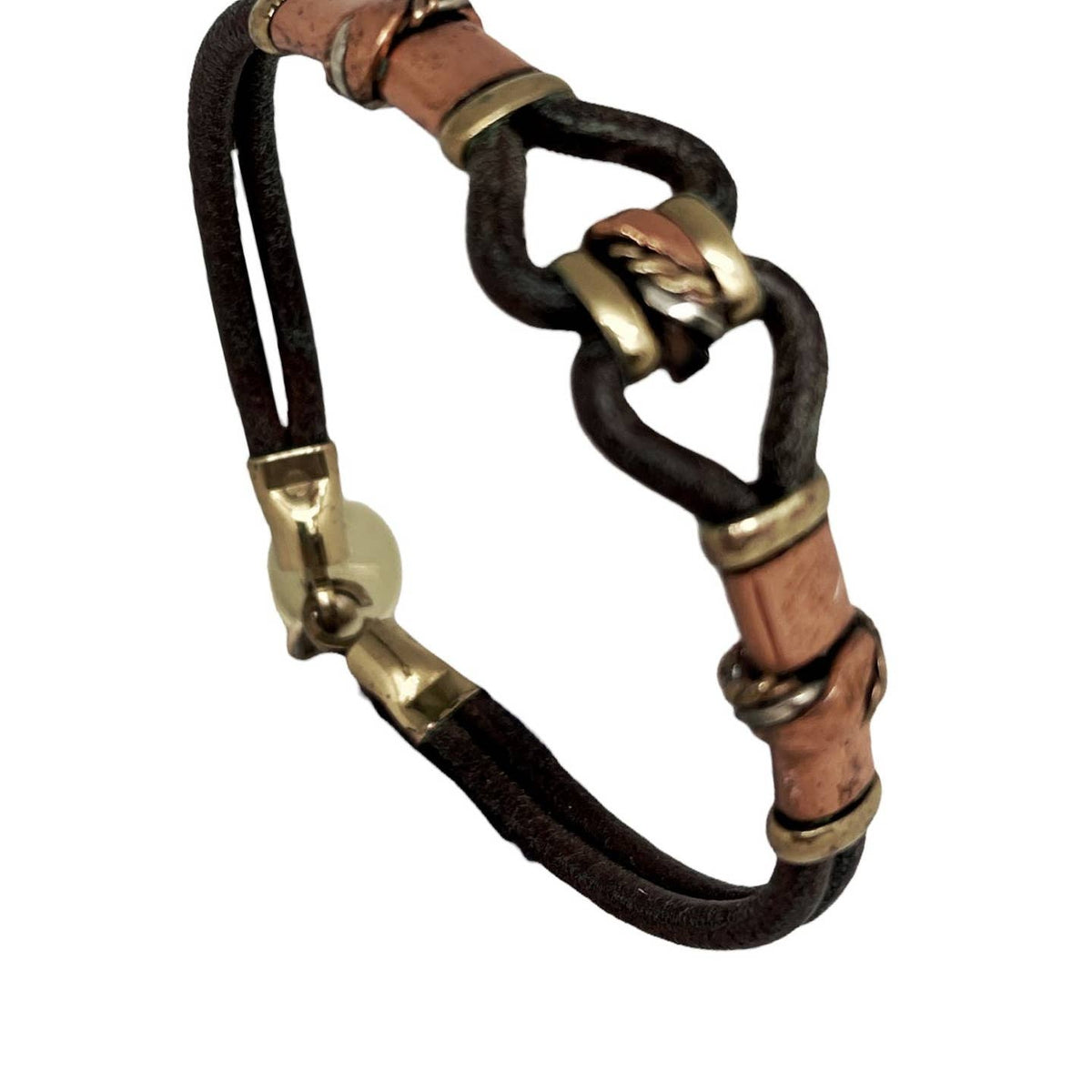 Bracelet en cuir, laiton et cuivre entrelacé artisanal unique - OkikiParis