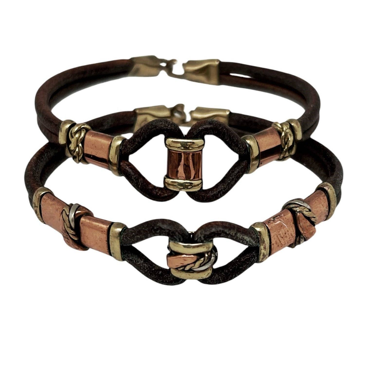 Bracelet en cuir, laiton et cuivre entrelacé artisanal unique - OkikiParis