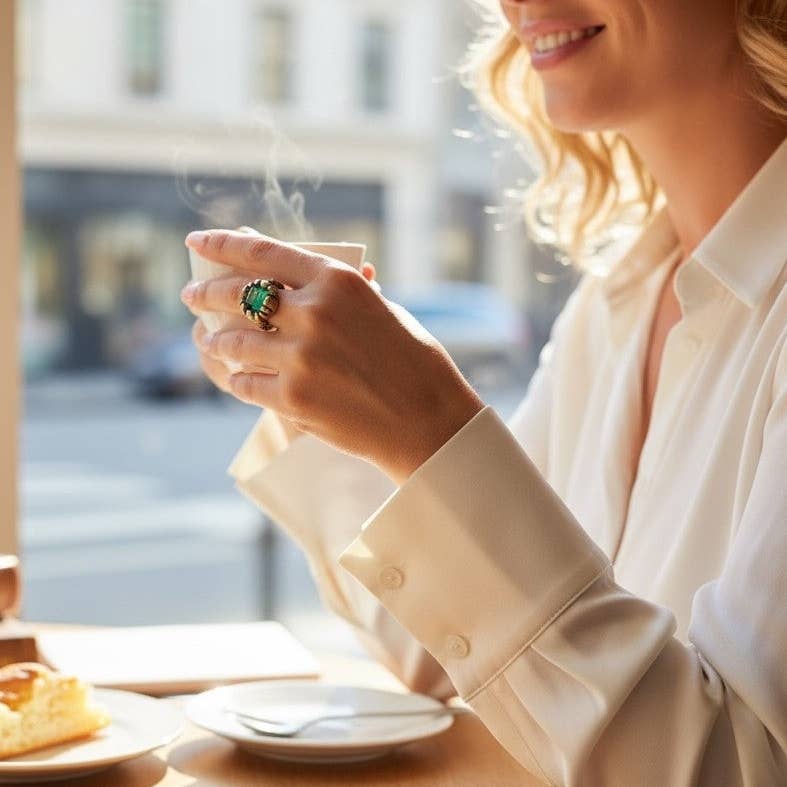 Bague solitaire en émeraude, laiton doré, relief artisanal - OkikiParis