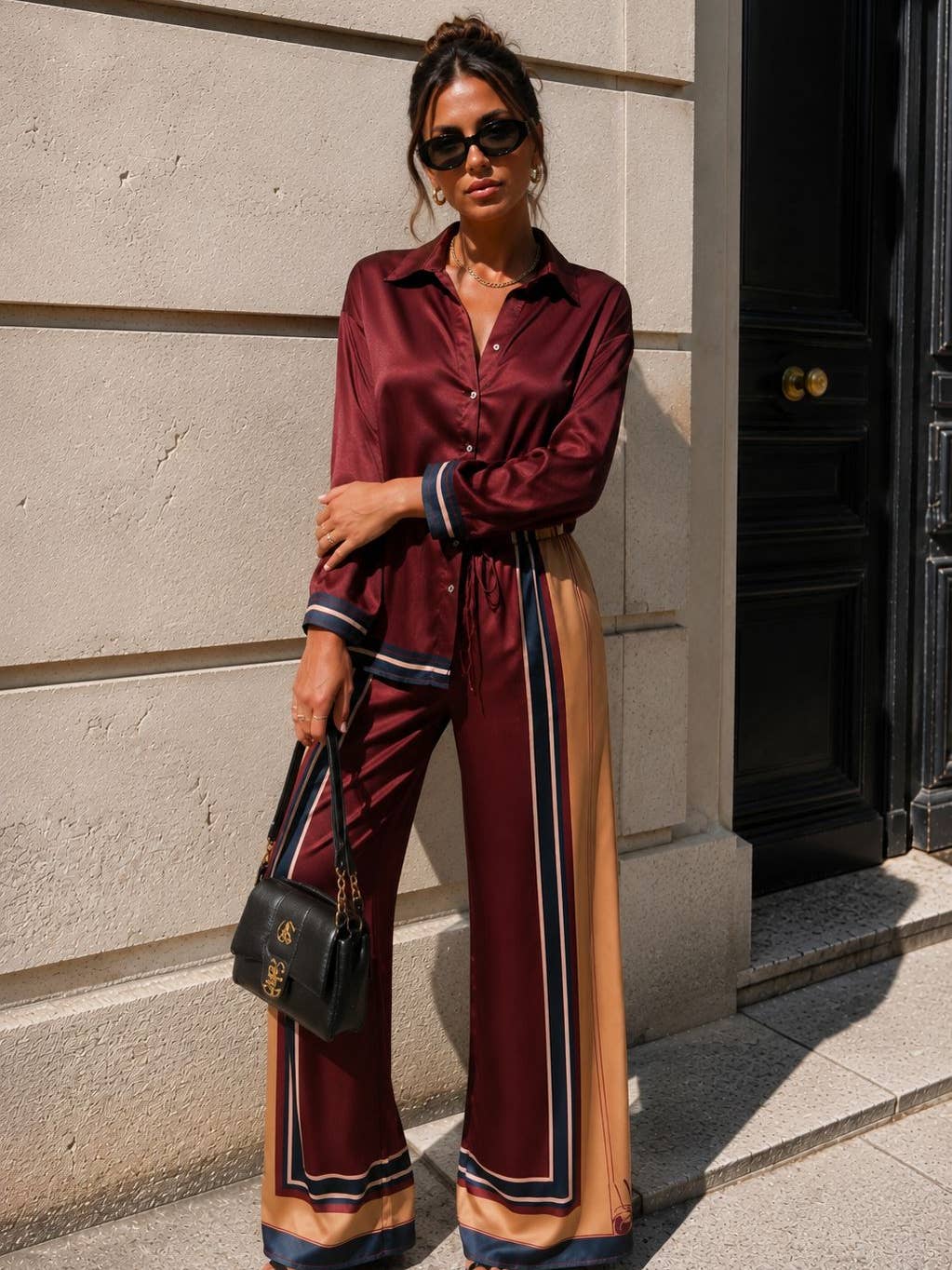 Ensemble chemise satinée & pantalon fluide imprimé - OkikiParis