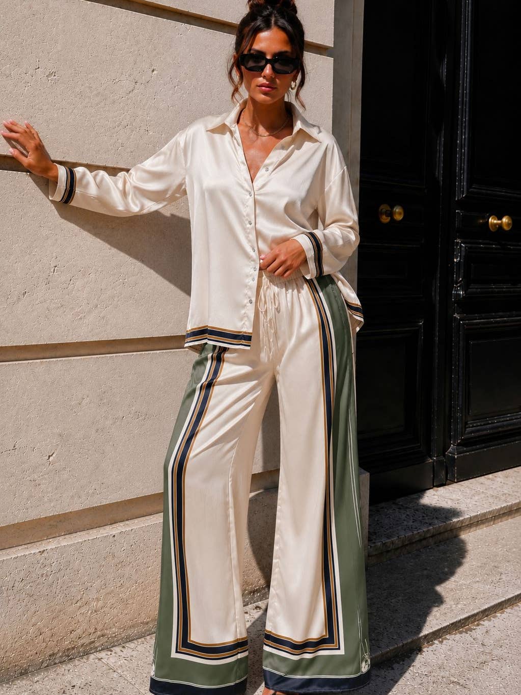 Ensemble chemise satinée & pantalon fluide imprimé - OkikiParis