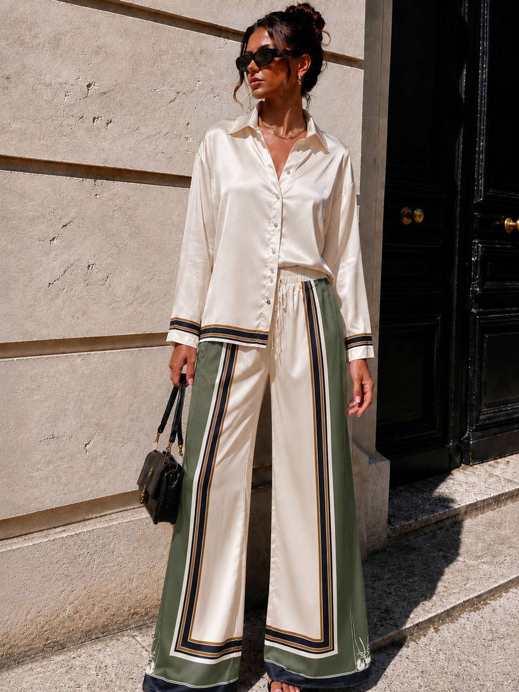 Ensemble chemise satinée & pantalon fluide imprimé - OkikiParis