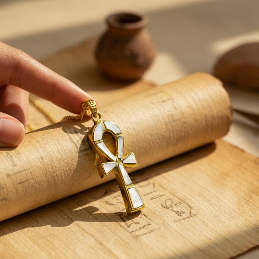 Collier ankh en or, pendentif égyptien « clé de la vie » en nacre - OkikiParis