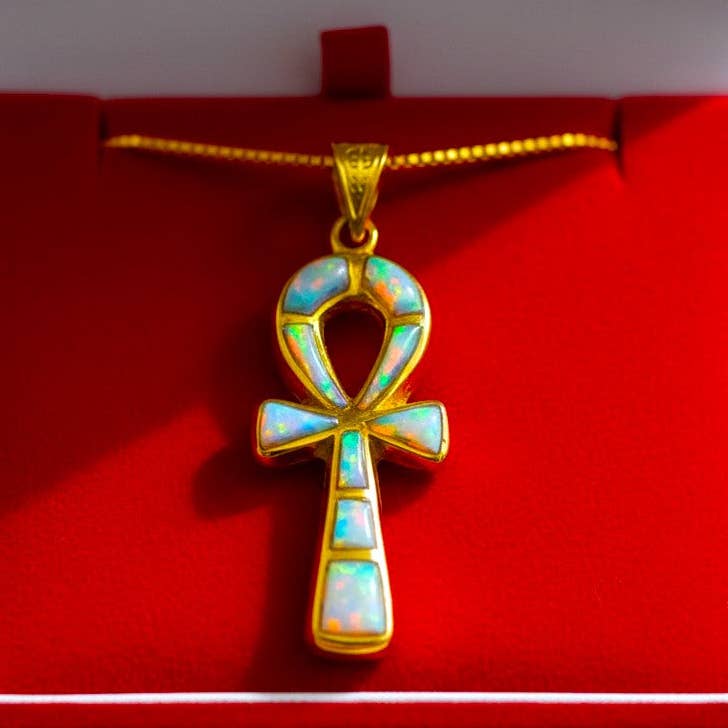 Pendentif Ankh « clé de la vie » en or et opale, collier minimaliste divin de la renaissance égyptienne - OkikiParis