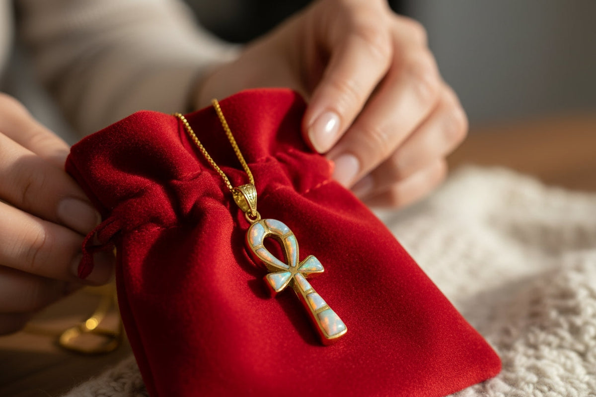 Pendentif Ankh « clé de la vie » en or et opale, collier minimaliste divin de la renaissance égyptienne - OkikiParis