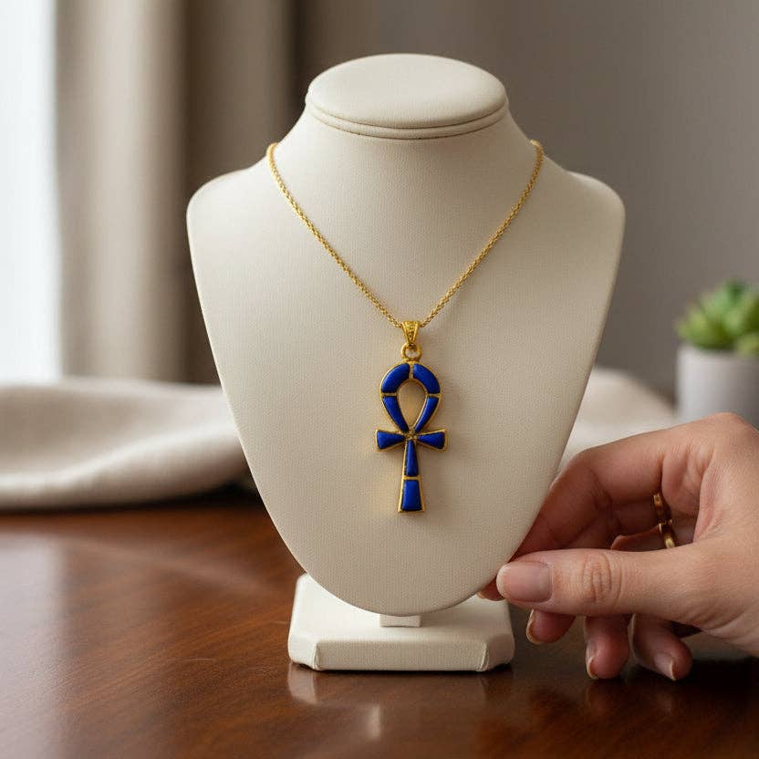 Collier pendentif ankh en or et lapis-lazuli, bijou talisman égyptien - OkikiParis