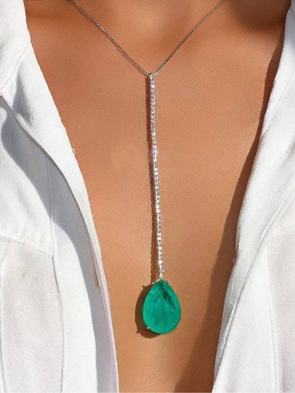 Collier Lariat en Y avec émeraude naturelle et diamants - OkikiParis