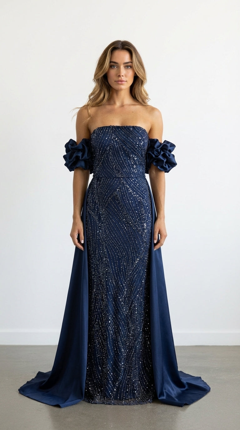 Robe de soirée longue perlée Bleu marine