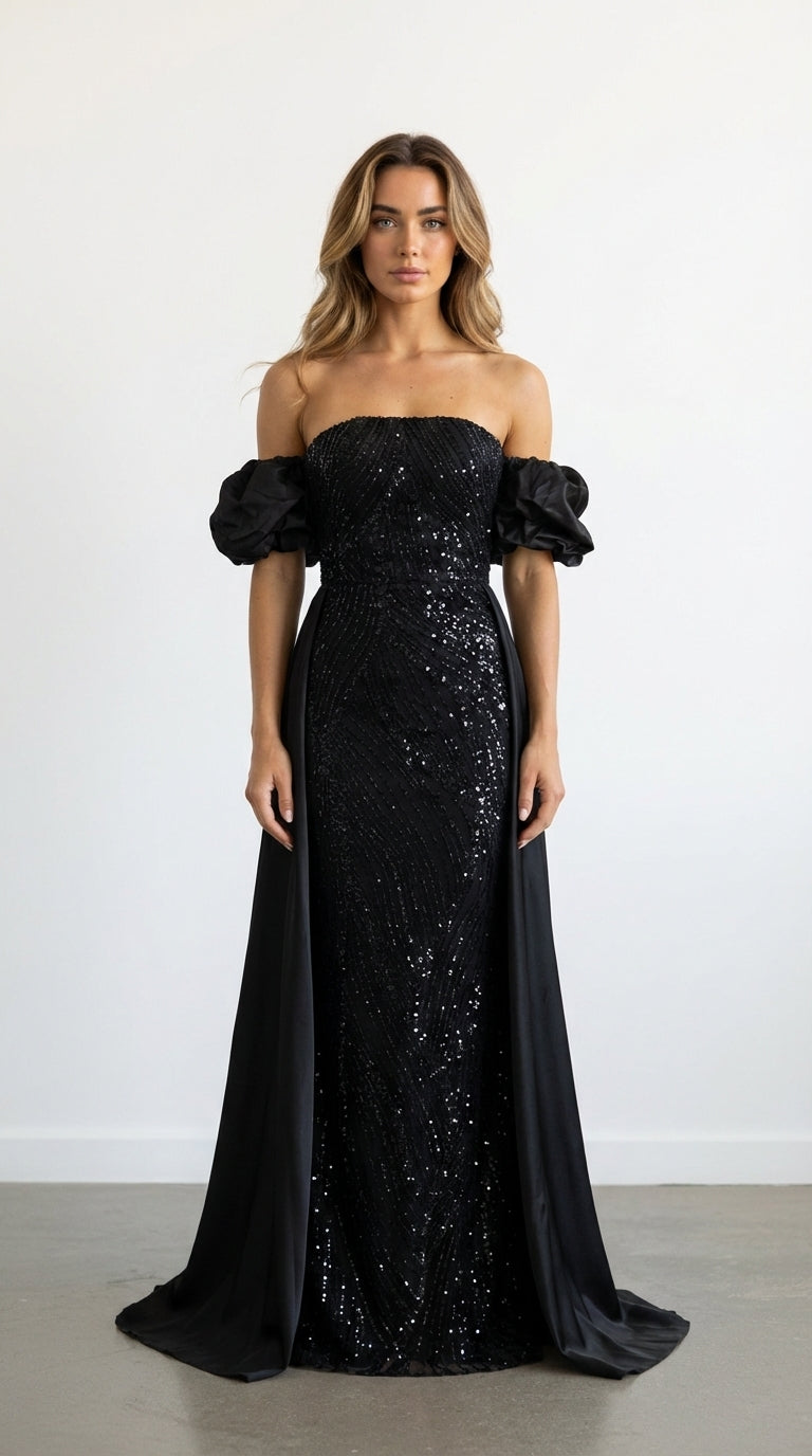 Robe de soirée longue perlée Noir