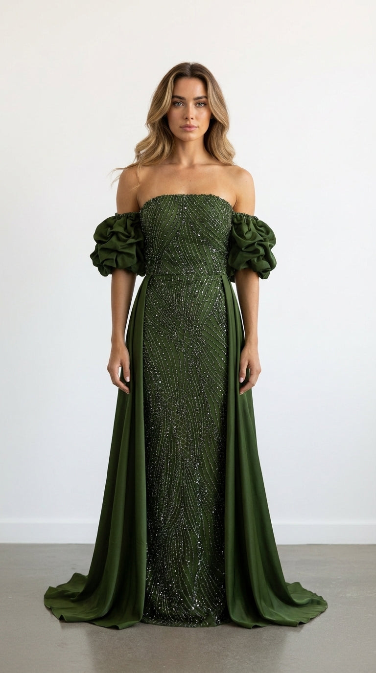 Robe de soirée longue perlée Kaki