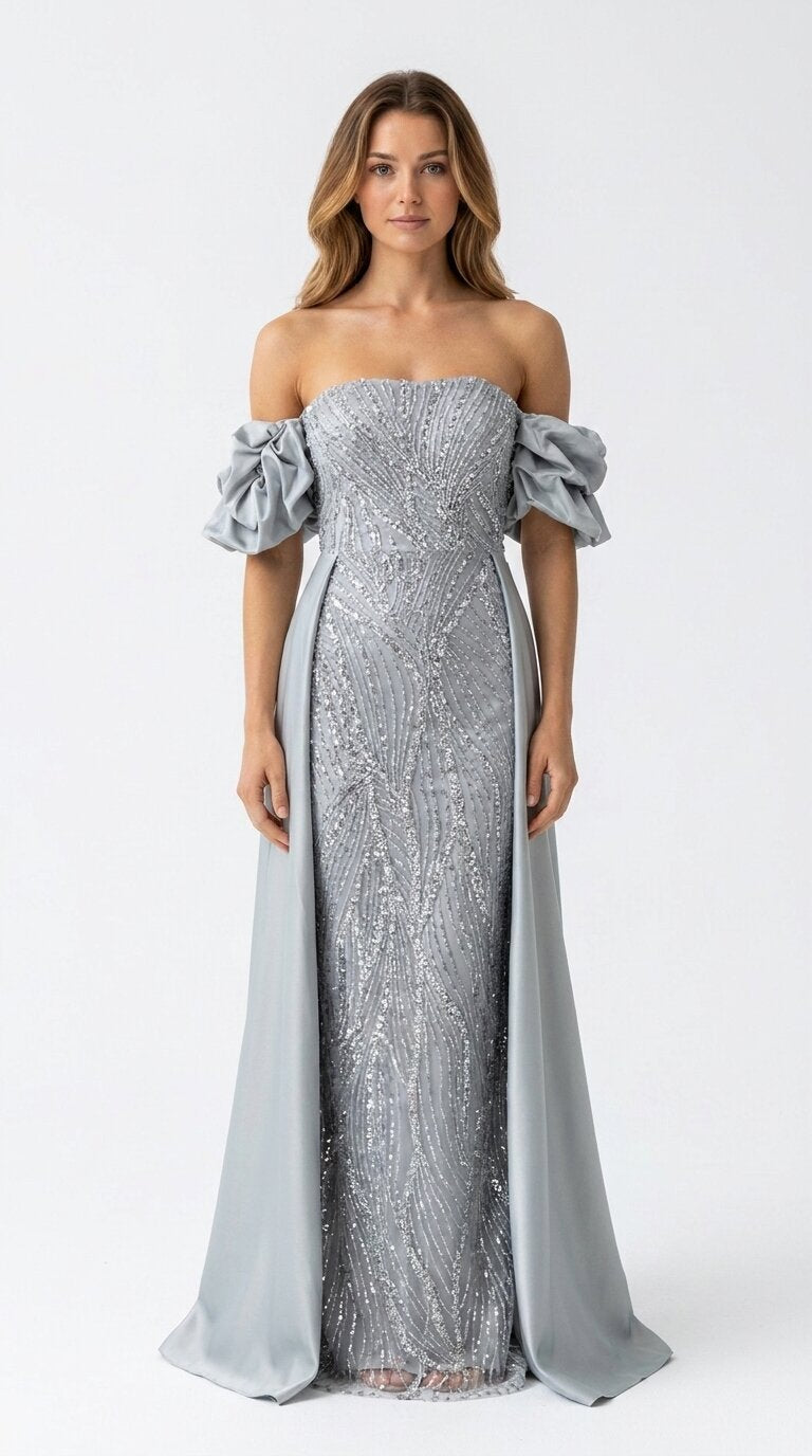 Robe de soirée longue perlée Gris clair