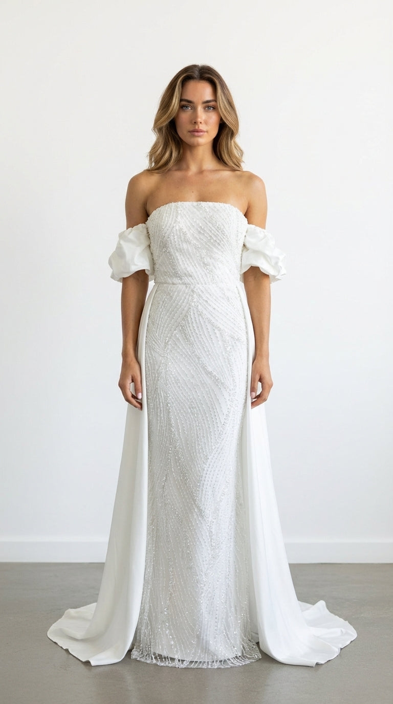 Robe de soirée longue perlée Ivoire