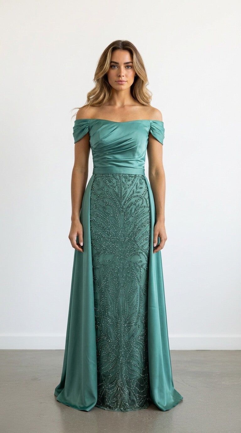 Robe de soirée premium à col bâteau avec perles Vert sauge