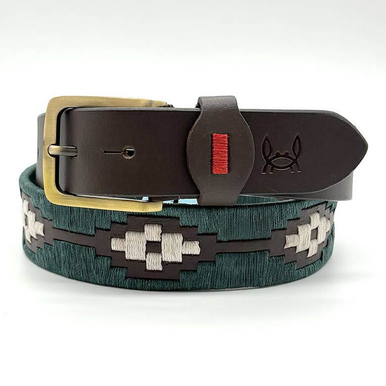 Ceinture homme en cuir argentin vert bouteille et blanc