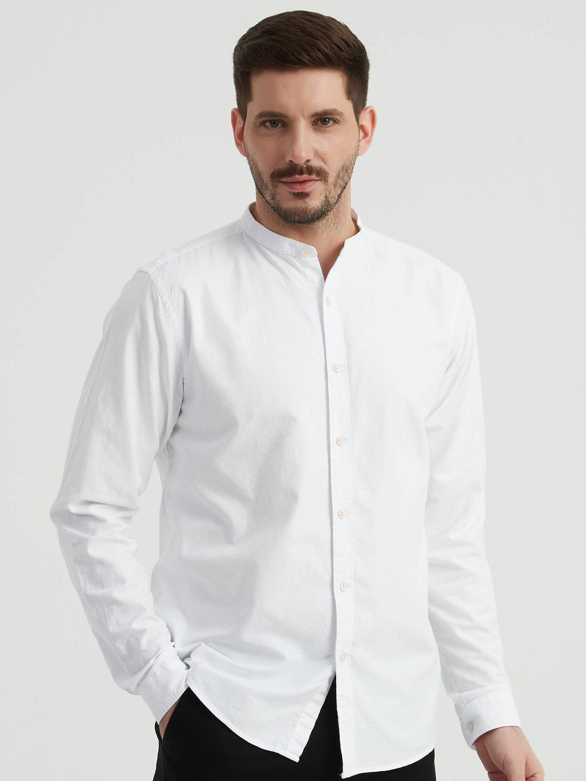 Chemise Oxford Blanc Coupe Ajustée Col Mao | Collection Mathieu – OkikiParis