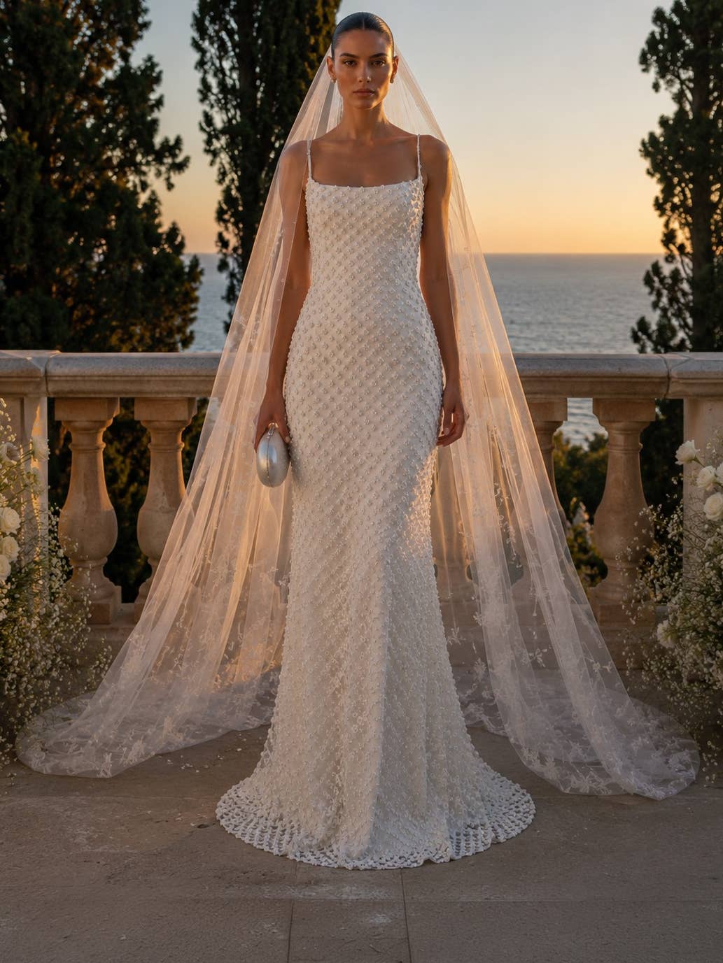Robe Longue en Crêpe Satin Blanc avec Traîne et Appliqués Perlés