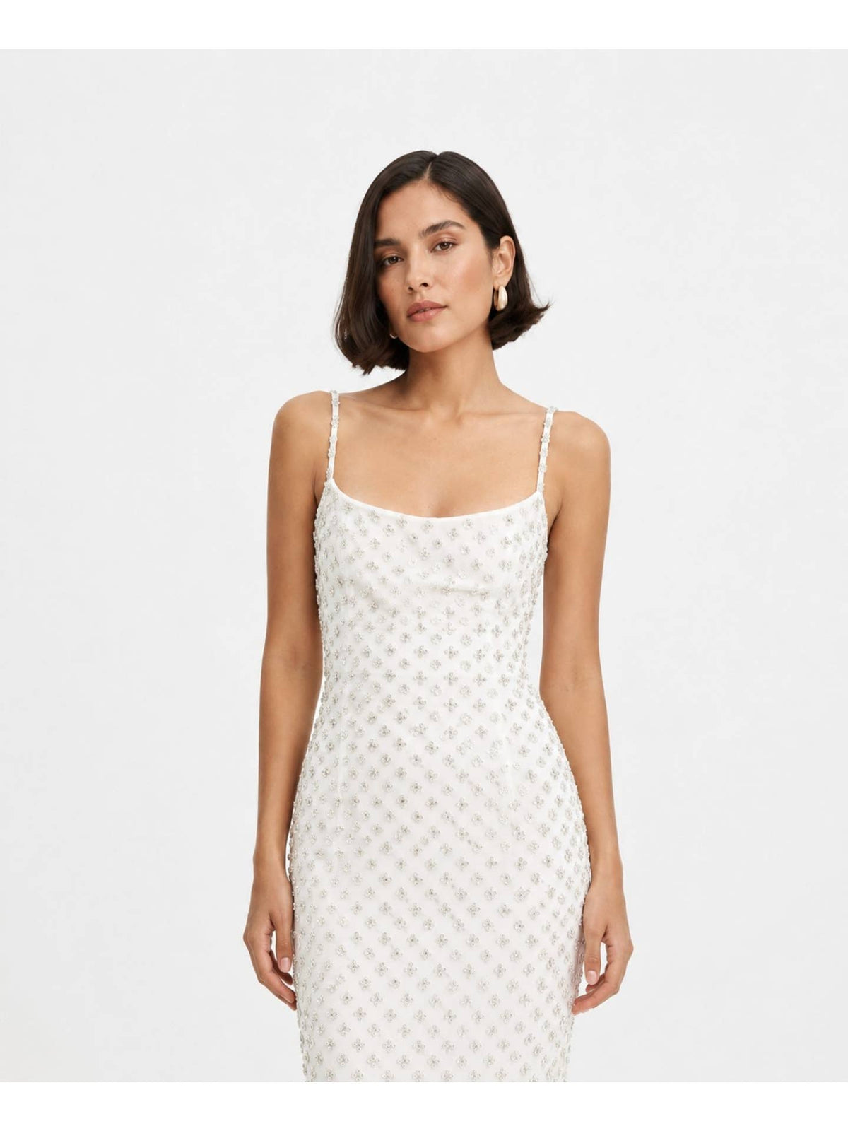 Robe Longue en Crêpe Satin Blanc avec Traîne et Appliqués Perlés