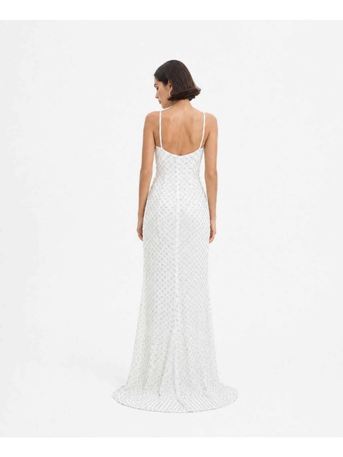 Robe Longue en Crêpe Satin Blanc avec Traîne et Appliqués Perlés