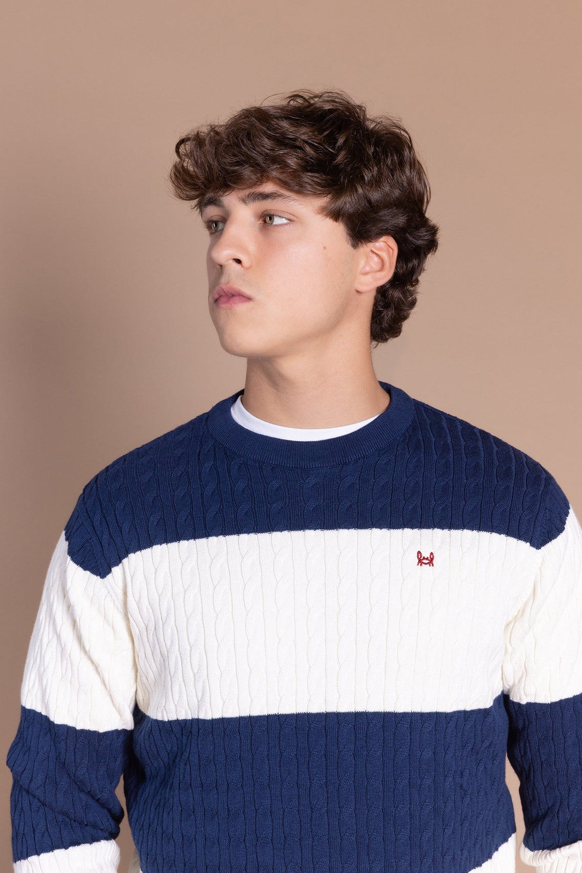 Pull torsadé à rayures blanc et bleu marine