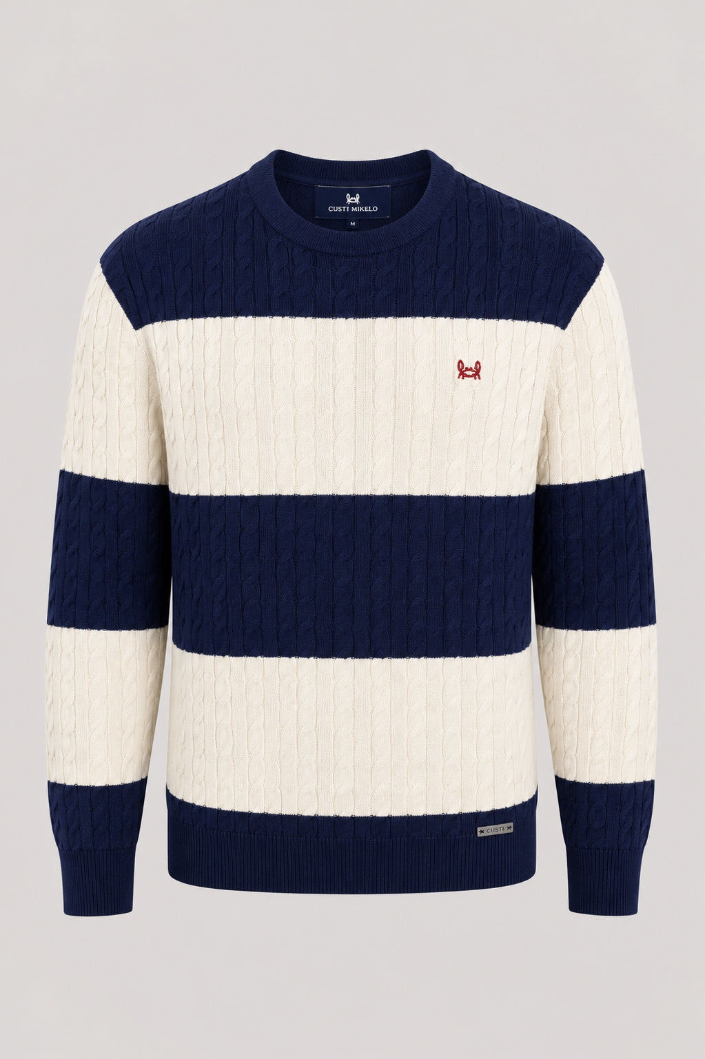Pull torsadé à rayures blanc et bleu marine