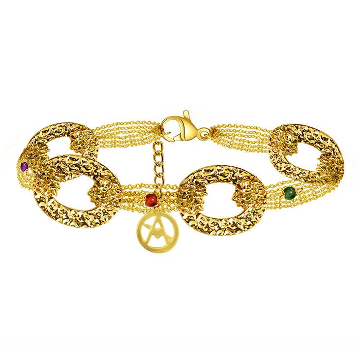 Bracelet Multi-Chaînes Doré à Anneaux Martelés et Pierres Colorées