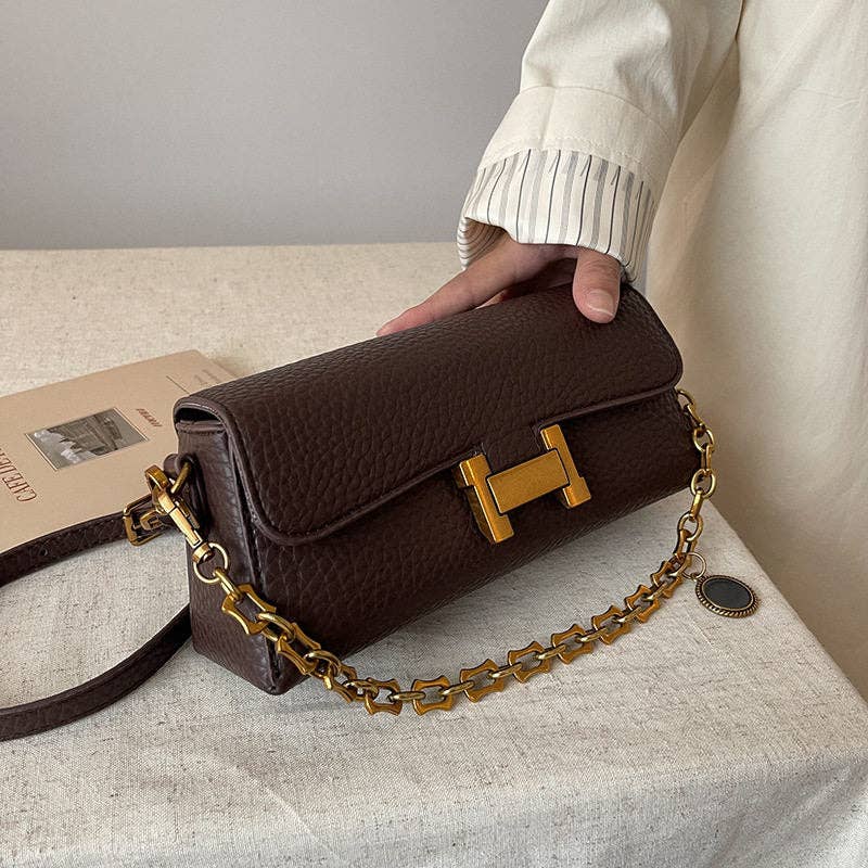 Petit sac carré bandoulière à chaîne pour femme en cuir texturé avec fermoir en métal doré